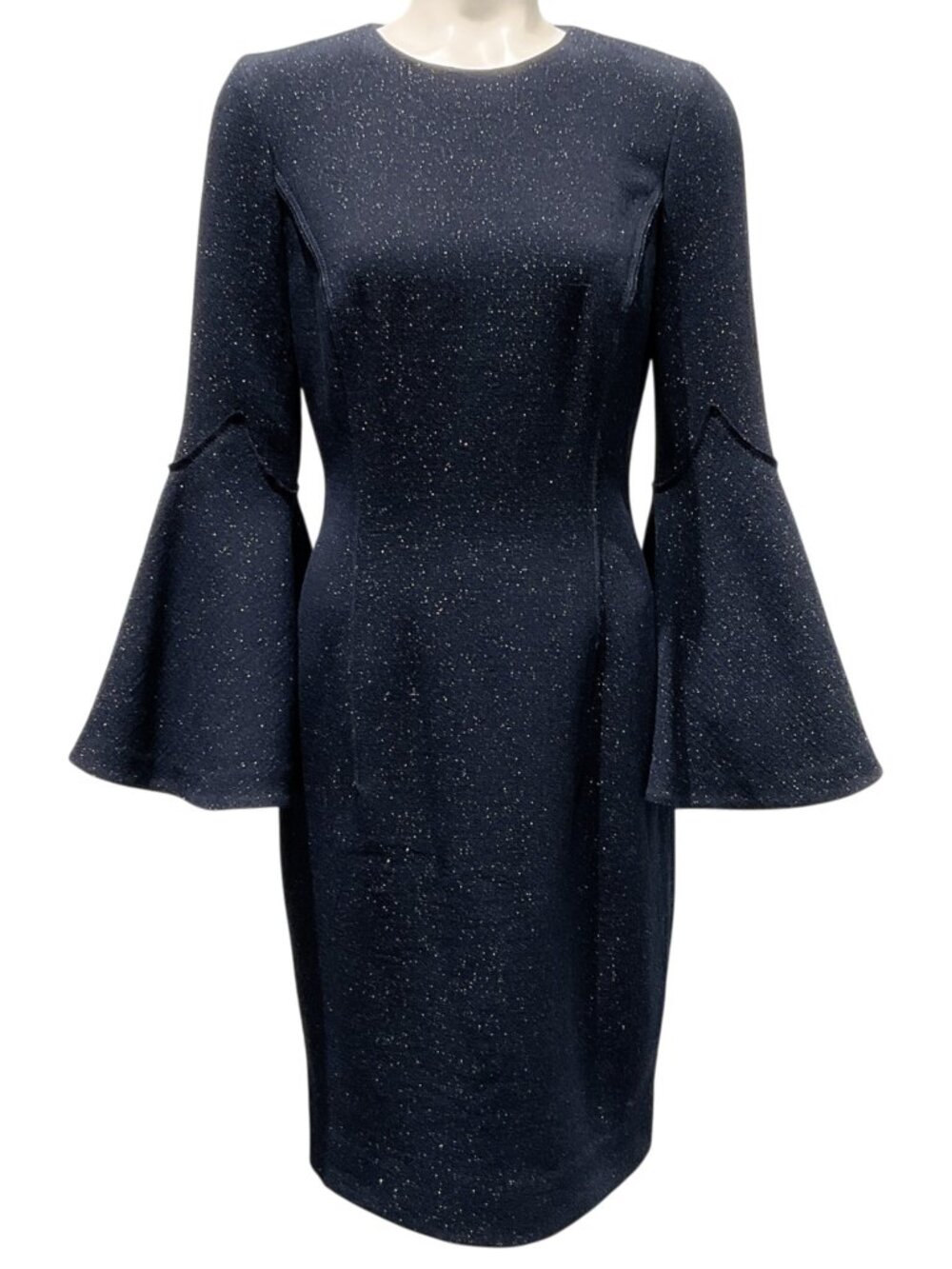Oscar de la Renta Navy Blue Shimmer Wool Crepe Bell Sleeve Dress